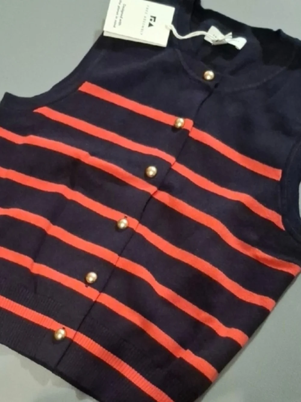 Womans Red Striped Navy Blue Button-Front Knit Vest.. Free Assembly Medium - Picture 6 of 7